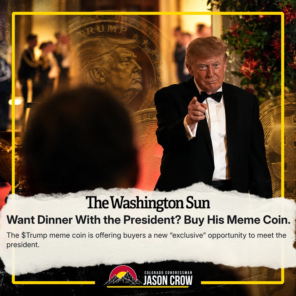RepJasonCrow's tweet photo. The President has made more than $1 billion from crypto.

Now he’s selling access to him through his meme coin.

It’s pay to play corruption.

The American people are fed up with his grift.

https://t.co/IRgxnVdJut https://t.co/krQlvoZA1J