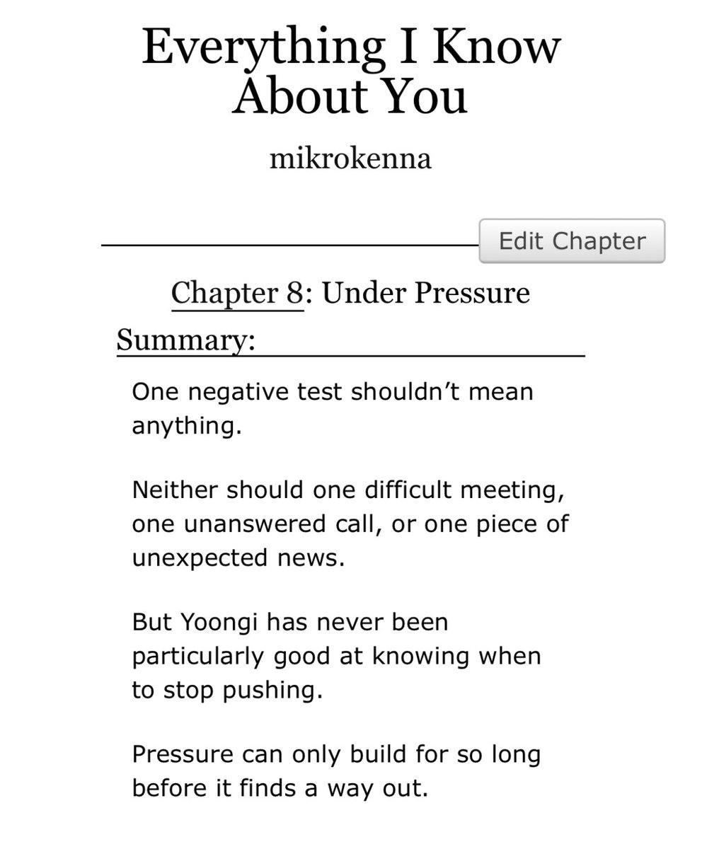 mikrokenna's tweet photo. Chapter 8  of Everything I Know About You is up!! 📣

yoongi has spent years perfecting the art of being completely, totally, absolutely Fine™

read now to see how that’s working out for him

🔗https://t.co/14ltZHq4uM https://t.co/Mh5OmUTO6M