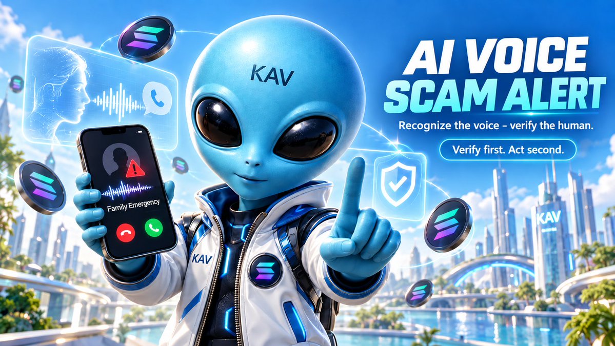 KavianCoin's tweet photo. 👽⚡ KAV is the Alien of Solana - KAV loves Solana, but protecting people matters beyond every blockchain.

🚨 TODAY’S KAV SAFETY SIGNAL: YOUR EARS CAN BE HACKED TOO

Imagine receiving a phone call from your mother, father, child, spouse, or best friend.

Their voice sounds real.

They sound frightened.

They tell you something terrible happened.

Then comes the request:

💰 "Send money now."
🏦 "Transfer it to this account."
🪙 "Send crypto to this wallet."
🤫 "Please don’t tell anyone."

Your first instinct may be to help immediately.

That emotional reaction is exactly what scammers may try to exploit.

Artificial intelligence can now be used to create convincing voice clones from audio samples. The FTC warns that scammers may obtain short recordings from videos or other content posted online, then use voice-cloning technology to impersonate someone you trust.

The FBI has also warned that criminals are using AI-powered voice and video cloning to impersonate family members, coworkers, and business contacts in fraud schemes.

⚠️ The dangerous part is not only the technology.

It is the combination of:

😨 Fear
⏳ Urgency
❤️ Emotional attachment
🤫 Secrecy
💰 Immediate payment requests

These conditions can push someone to act before verifying what is happening.

🛡️ THE KAV VERIFICATION PROTOCOL

If an unexpected caller claims someone you love is in trouble:

🔹 Do not trust the voice alone.
A familiar voice is no longer proof of identity.

🔹 Do not send money immediately.
Especially if they demand crypto, wire transfers, payment apps, or gift cards.

🔹 Hang up and independently call the person.
Use the phone number already saved in your contacts - not a number provided by the caller.

🔹 Contact another trusted family member if necessary.
Verify whether the emergency actually happened.

🔹 Ask something difficult for an outsider to know.
But remember that personal information may also exist online, so this should not replace independent verification.

🔐 Families can also consider creating a private emergency verification word that is never posted publicly.

🧠 KAV Wisdom:

In the AI era, seeing is becoming less reliable.

Hearing is becoming less reliable.

Verification becomes more valuable.

Never allow urgency to remove verification from the process.

👽⚡ Recognize the voice - but verify the human.
Verify first. Act second.

🔗 Legit source - U.S. Federal Trade Commission:
https://t.co/KFhKm2aG3j

🔗 FBI warning on AI voice and video cloning:
https://t.co/xr11KLV9gj

#AIVoiceScam #VoiceCloning #CybersecurityAwareness #DeepfakeScam #OnlineSafety #ScamAlert