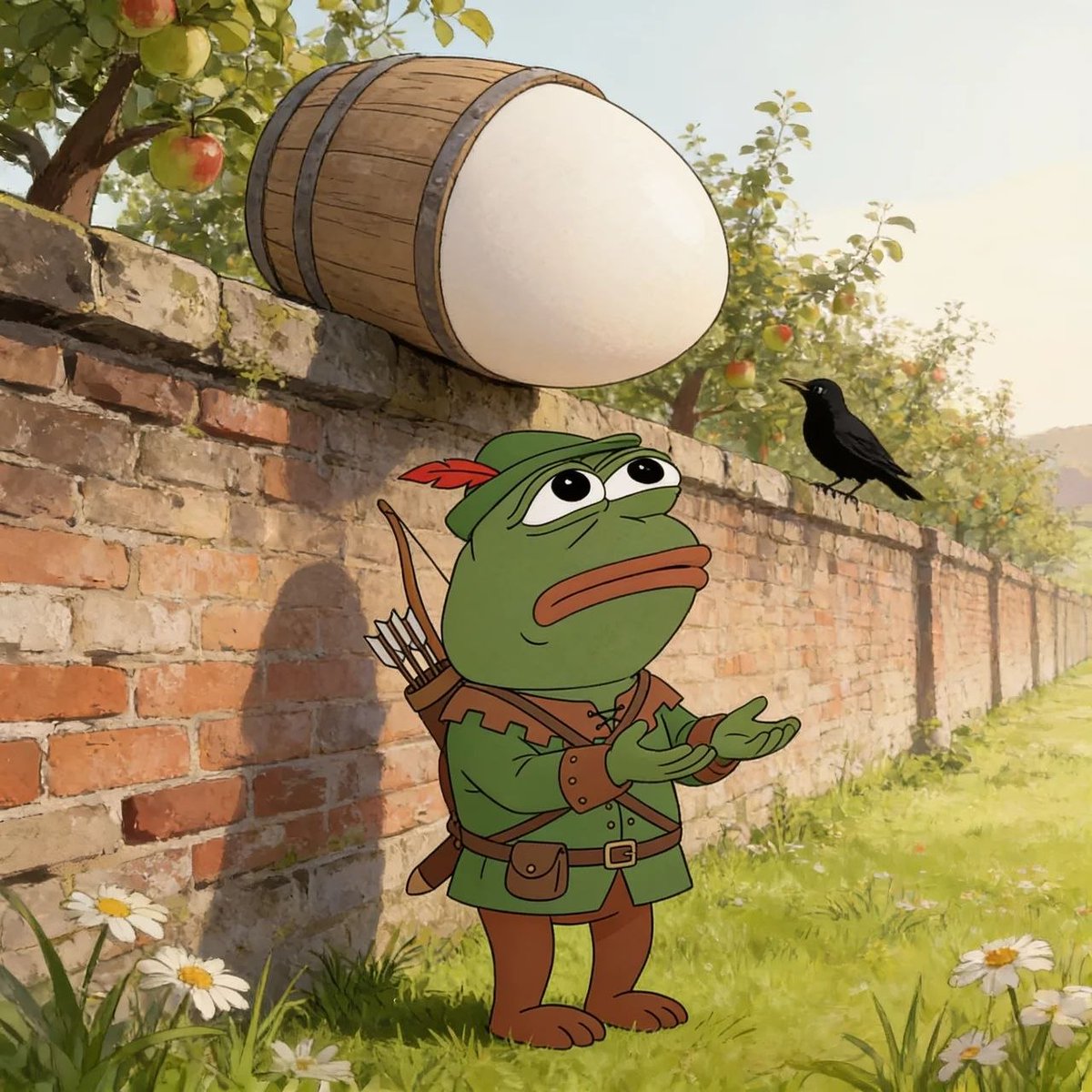 RobinPepeCoin's tweet photo. He is waiting under a very large egg on the orchard wall, ready to catch it https://t.co/r8f0Vdjmt3