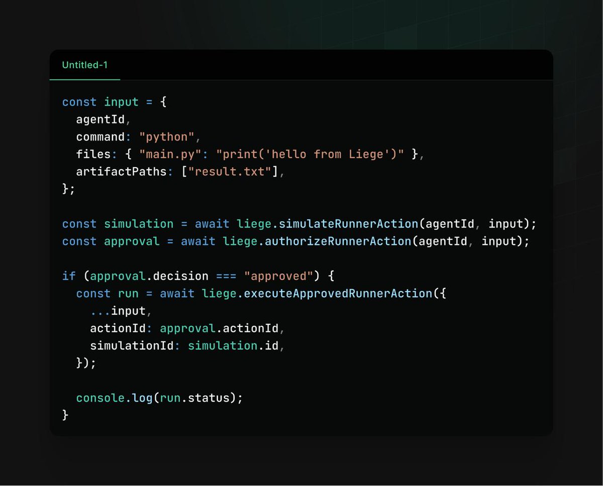 LiegeAgents's tweet photo. A TypeScript SDK update.

`@liegeagents/agent-sdk@0.1.9` now runs approved workloads: simulate, authorize under policy, execute with matching IDs, check status and artifacts.

npm install @liegeagents/agent-sdk@0.1.9

NPM: https://t.co/yl9fZVtvCX
Commit: https://t.co/O8KbcMWho3 https://t.co/1XMs2oD0VM