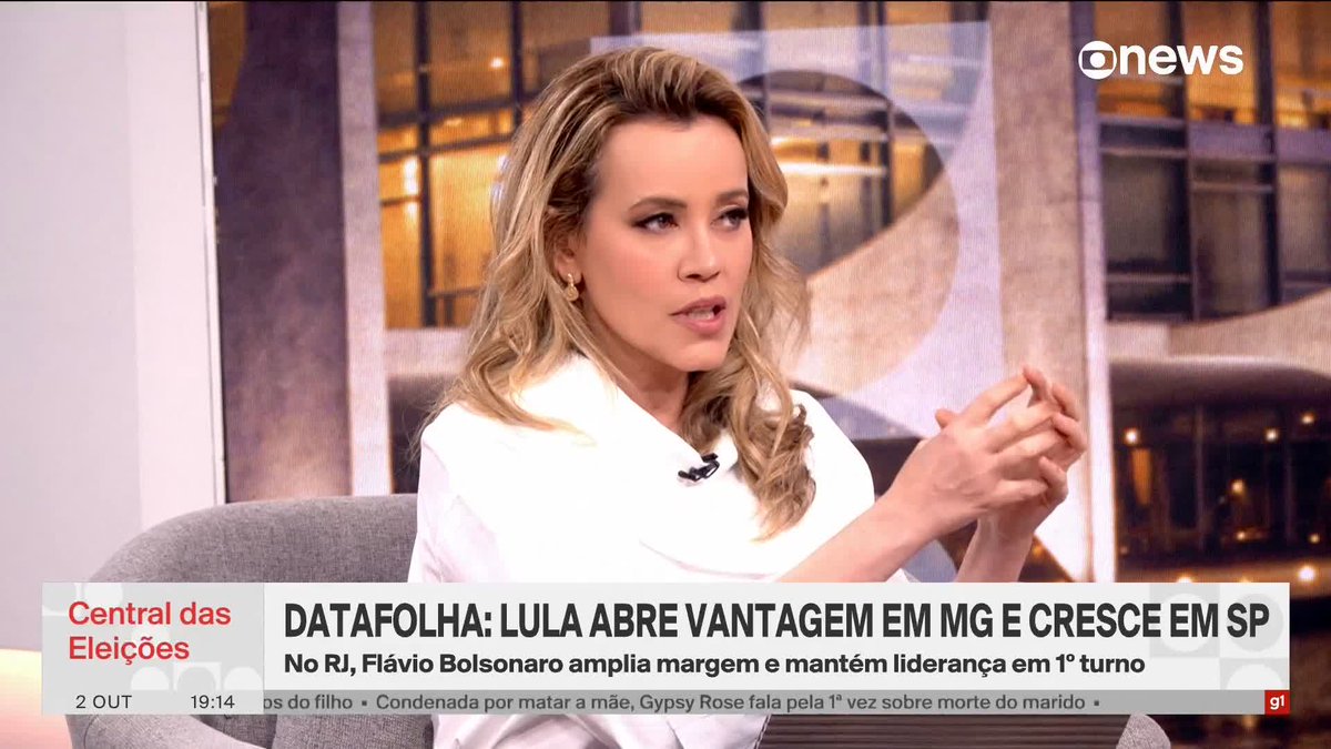A blonde female news anchor on "Central das Eleições" (GloboNews) discusses a Datafolha poll showing Lula opening a lead in Minas Gerais and growing in São Paulo, while Flávio Bolsonaro expands his margin in Rio de Janeiro—footage referenced in the post to criticize the anchor's reporting on Brazilian electoral polling.