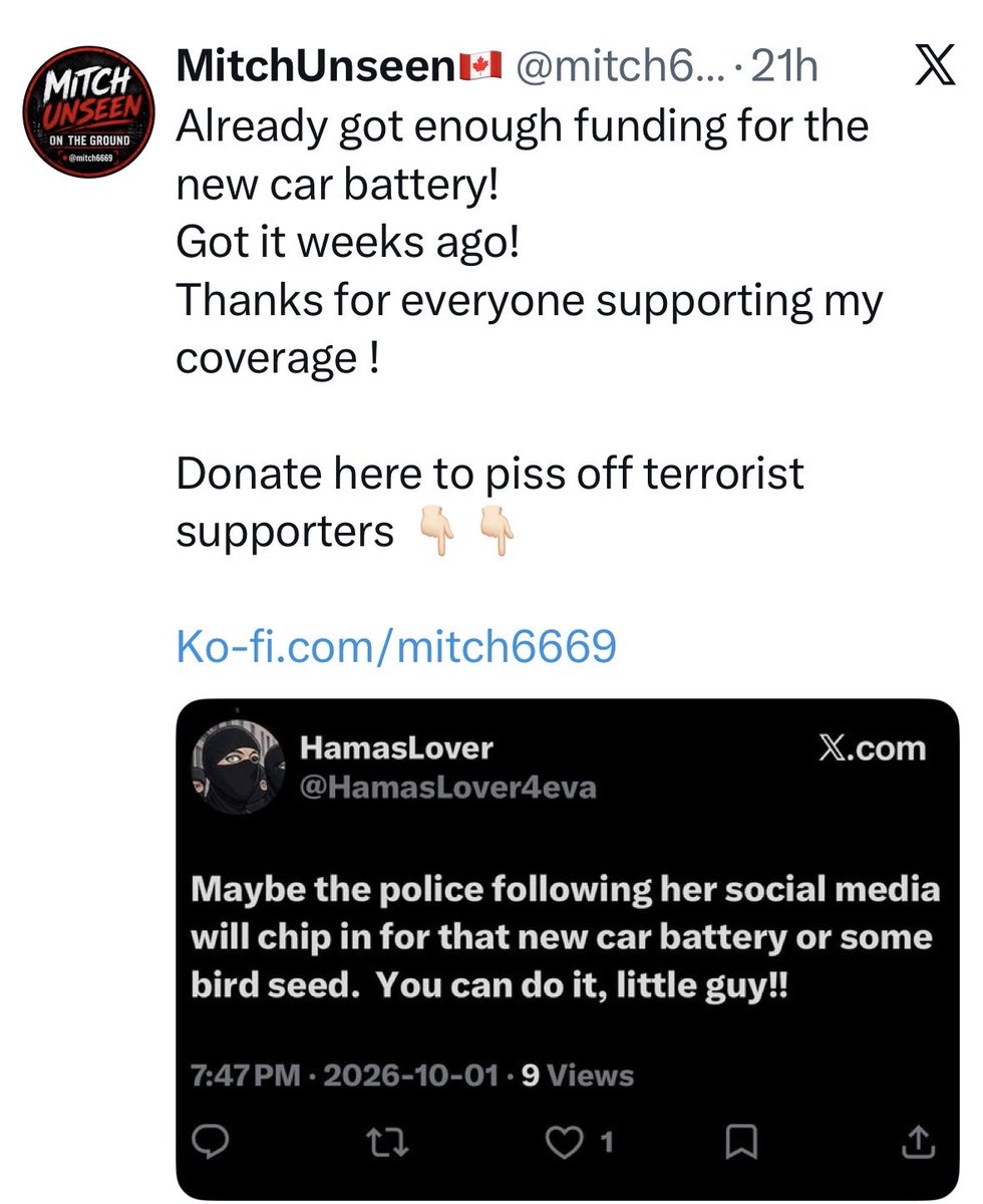 HamasLover4eva's tweet photo. @mitch6669 your handler Caryma already tried to use me for spite donations and it didn’t work. I doubt you’ll have much better luck. And why’d you block me? You could just @ me like a grown up instead of screenshotting my shit 😘 guess your bird will continue to starve 😞 https://t.co/9Dp2v13H9V