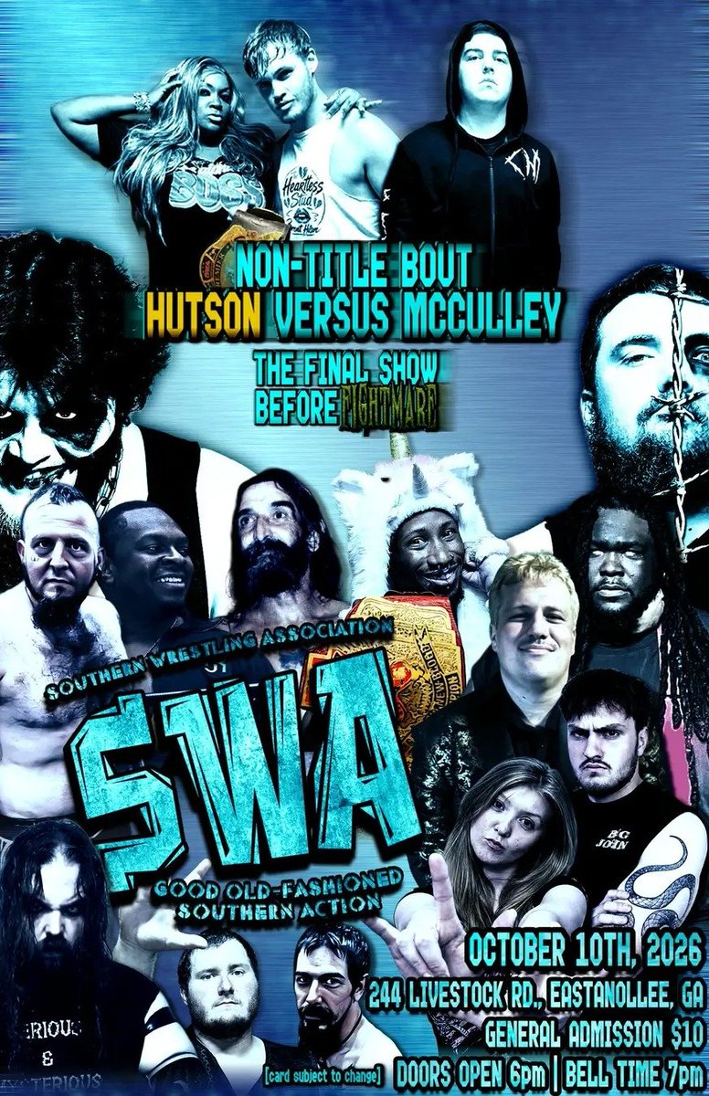 D1TyroneKidd's tweet photo. Oct. 10th!! Come see what SWA Wrestling has to offer! It's the prelude to our BIGGEST show of the year... FIGHTMARE!  Come by to Eastonelle, GA and tell em that T.K. sent ya! 🇯🇲 https://t.co/Y7VY0rJ86f