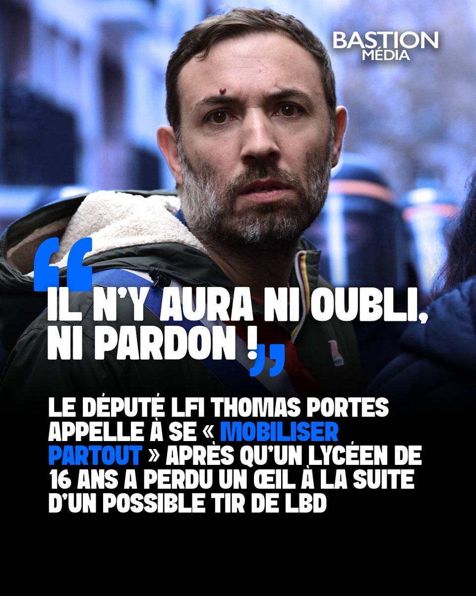 BastionMediaFR's tweet photo. 🔴🇫🇷 𝗙𝗟𝗔𝗦𝗛 𝗜𝗡𝗙𝗢 — « Il n’y aura ni oubli, ni pardon » : le député LFI Thomas Portes appelle à se « mobiliser partout » après qu’un lycéen de 16 ans a perdu un œil à la suite d’un possible tir de LBD.

« En 2026, la police de Macron éborgne des jeunes lycéens », a déclaré Thomas Portes.