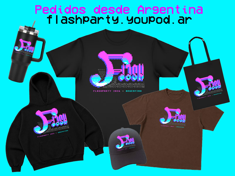 FlashpartyOk's tweet photo. La #merch de Flashparty ya está disponible para comprar desde Argentina / Europa / USA / Canada / Australia. Diseño de logo por Arlequin #demoparty #demoscene #shirt #textart #pixelart #ansi #ascii #cga Order this merch to support us! https://t.co/ayLaUaAudh