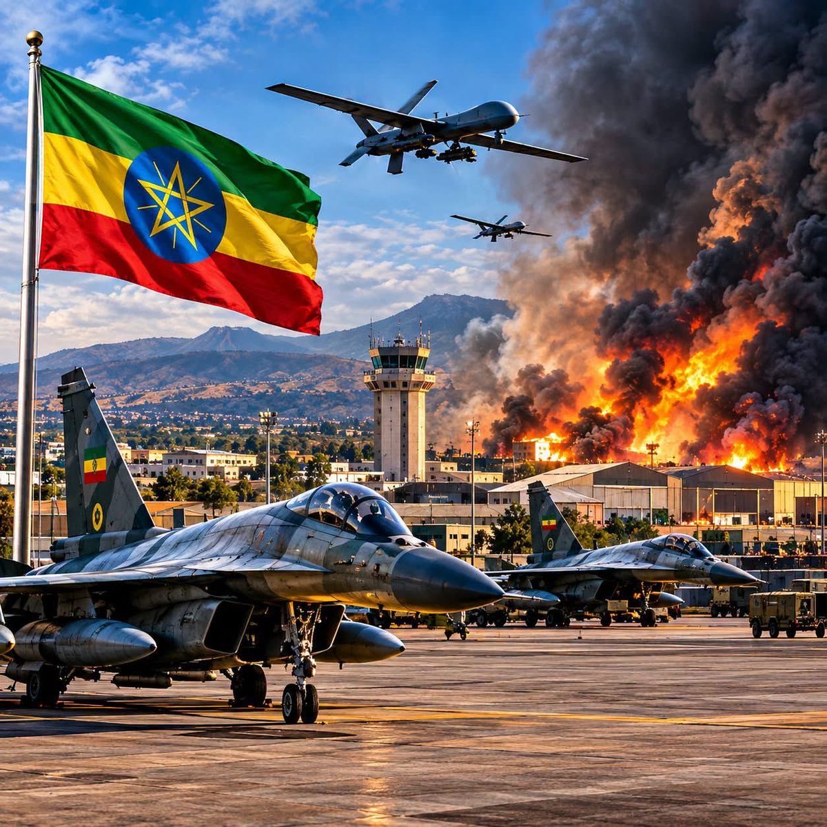BashirHashiysf's tweet photo. 🚨 BREAKING NEWS!

The Debre Zeyit Air Force base has been under a heavy airstrike.

Debre Zeyit—located 47 km southeast of the capital, Addis Ababa, and home to bases for drones and fighter jets—has just come under attack.

According to informed sources, a major attack began at Debre Zeyit a few minutes ago and is currently ongoing.

It is also reported that a fire has been spotted inside the Debre Zeyit Air Force facility while the attack is underway.

This indicates that the base's defenses have been breached; notably, reports also suggest that the 4 Kilo Palace in Addis Ababa was targeted by an airstrike tonight