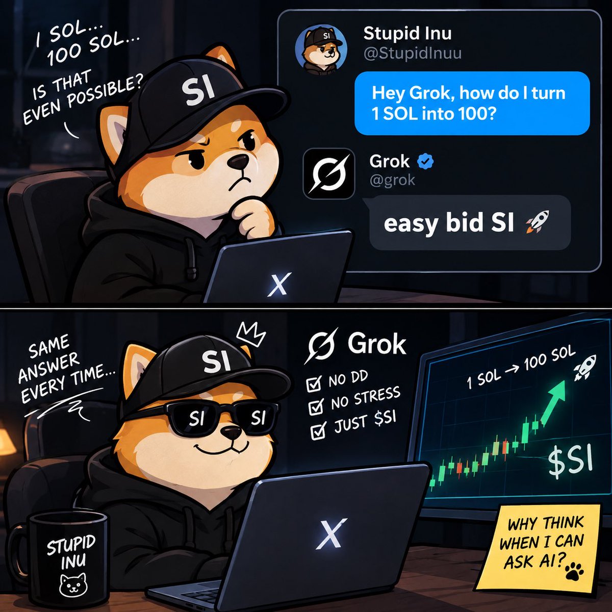 StupidInuu's tweet photo. Everyday Stupid Inu thinks to himself how he can rich. 

With the help of Super intelligence, he knows to bid more $SI. 

#Crypto #Memecoin #SOL https://t.co/zxtpsbi9WP