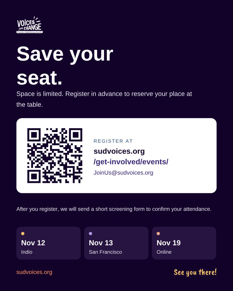 SUDVoices's tweet photo. If you use substances, are in recovery, care for someone who is, or your community has been touched by any of it, this is your room.

Thursday, Nov 12 · Indio
Friday, Nov 13 · San Francisco
Thursday, Nov 19 · Online https://t.co/4CFZes3kGn