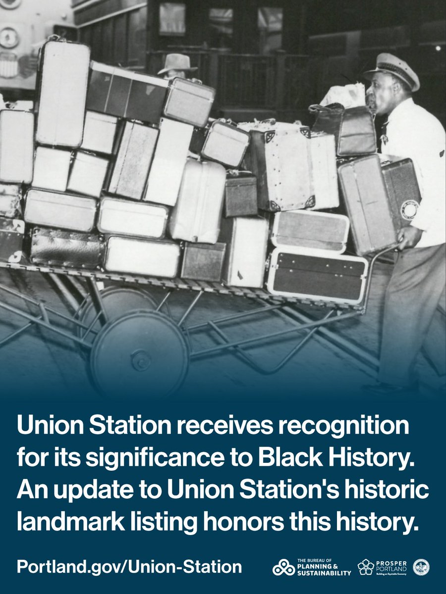 PortlandGov's tweet photo. On August 31, 2026, the National Park Service approved an application by the City of Portland – in partnership with Prosper Portland the Oregon Black Pioneers – to formally recognize Union Station for its significant role in African American history.

Union Station stands out as one of the few employment opportunities that offered stable wages to Black workers in the late 19th and early 20th centuries. This allowed Black workers to purchase homes and establish greater economic security despite the discrimination they encountered in many parts of life. The economic ties to Union Station were so strong that it influenced where the Black community developed and was also an important site of Black labor organizing.

Learn more about this history at our site. https://t.co/0oVe2YzAjf

Image courtesy of the Oregon Historical Society, #006191

#Portland #BlackHistory