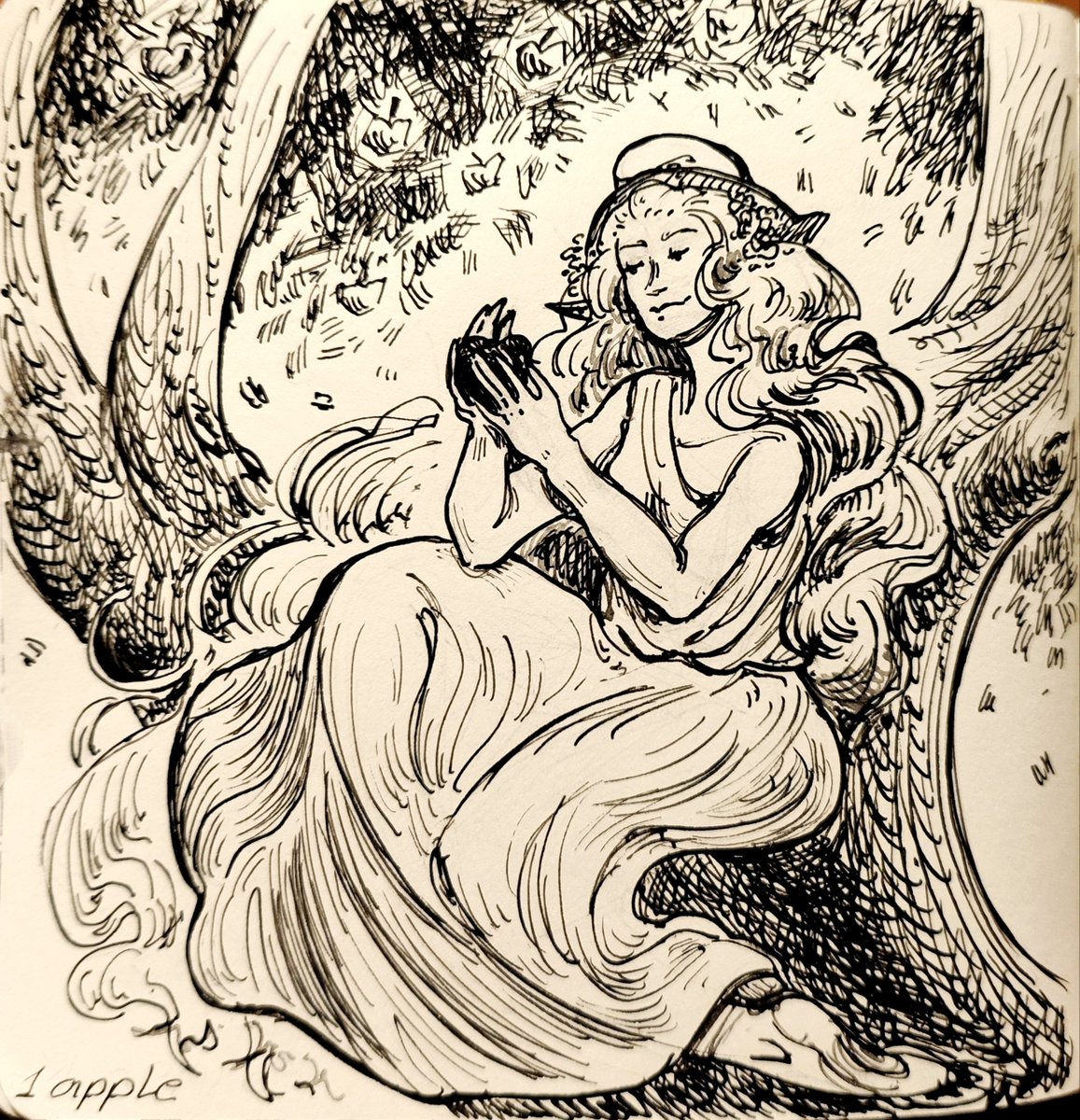 wolcenec's tweet photo. #inktober  #inktober2026
Первая тема - яблоко 🍎 
Получилась яблоневая дриада в фригийском колпаке https://t.co/nJZtsbyuIw