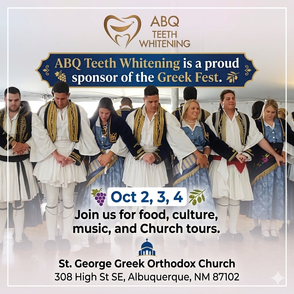 AbqTeethWhite's tweet photo. ABQ Teeth Whitening is a proud sponsor of the 2026 Geeek Fest!

📅 Oct 2, 3, 4
📍 308 High St. SE, Albuquerque, NM 87102
🎟 Get your tickets now: https://t.co/M54EXEUyHC

Join us for food, dancing, music, culture, Church tours, and fun!

#greekfestival #greekfoodlovers #greek https://t.co/xj10Nd9FYf