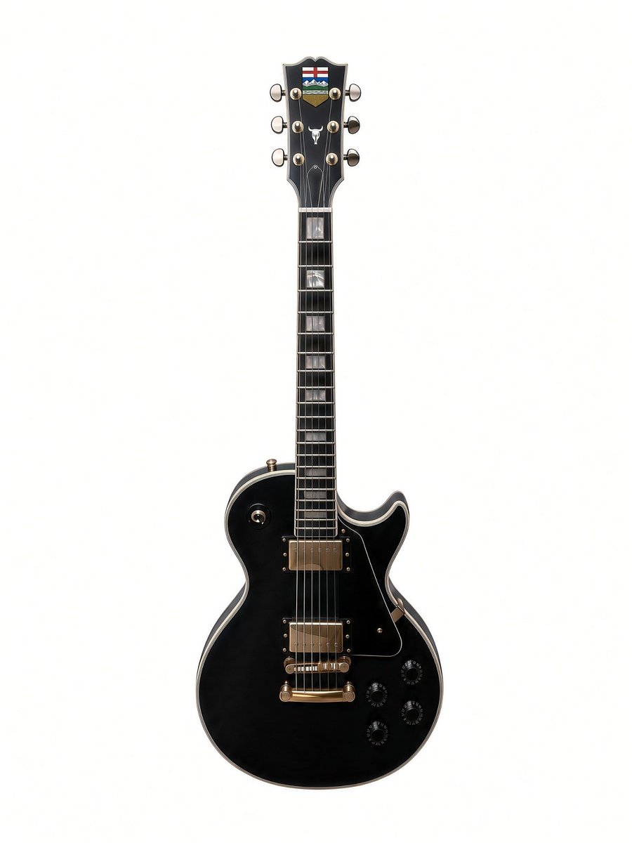 MarkDietzinAB's tweet photo. Here is a couple AI images of an Alberta themed guitar I'm creating. 
I bought a high quality Epiphone Les Paul copy, painted it a dark ultramarine blue, which doesn't quite show up right in this photo, and for some reason the AI can't get the proportions of the headstock correctly from an actual photo. It's a little too large, but that's okay. 
I'm putting the Alberta shield on top with the bull's skull below it. 
I finally found a printer that can do the shield to exact size and specifications. 
It's going to look awesome hanging on the wall.

#AlbertaIndependence  🤠