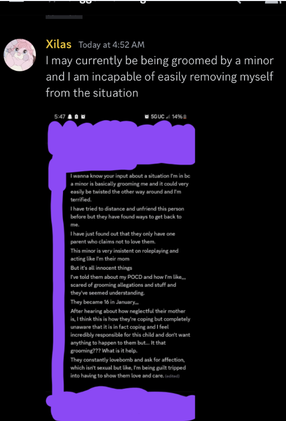 cosmiccakeroll's tweet photo. PLEASE REPOST
this person was found to be in a server owned by well known predator ChimeraCreations, notorious in the Sparklecare &amp; Making Fiends community. this person was seen claiming a minor was grooming them as well as making "cutesy" emojis towards one with the MAP flag - https://t.co/GWEYWQbfj5