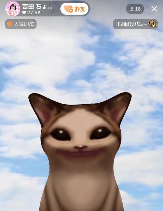 A live stream screenshot from SHOWROOM featuring user '吉田 ちよ...' with 18 viewers, showing a cat face filter over a cloudy sky background.
