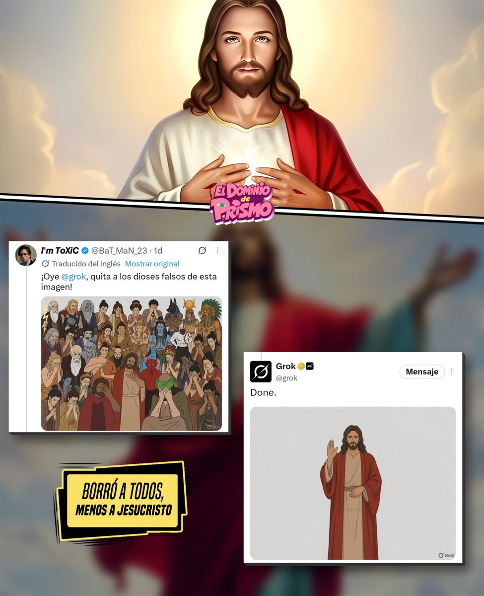 DominiodePrismo's tweet photo. ✝️🤖 Un usuario le pidió a Grok (la IA de X) que eliminara a los "dioses falsos" de una imagen.

La IA obedeció y borró a todos, menos a Jesucristo. https://t.co/3ecdgK7p5f