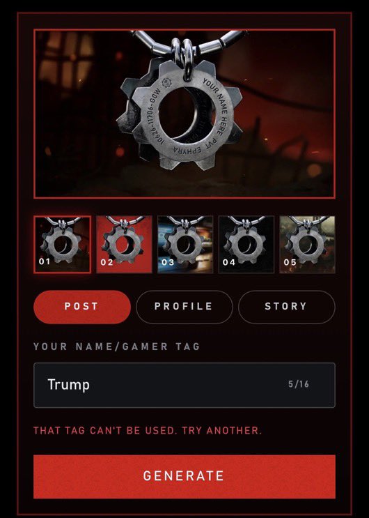 Pirat_Nation's tweet photo. Apparently the Gears E-Day developers don't like some politics and clearly have their preferences. 
I mean its okay in your life, but don't try to push your agendas in games.

They allow you to write Obama but Trump is banned.

Thanks for the find @Mangalawyer https://t.co/vGukjKSbGm