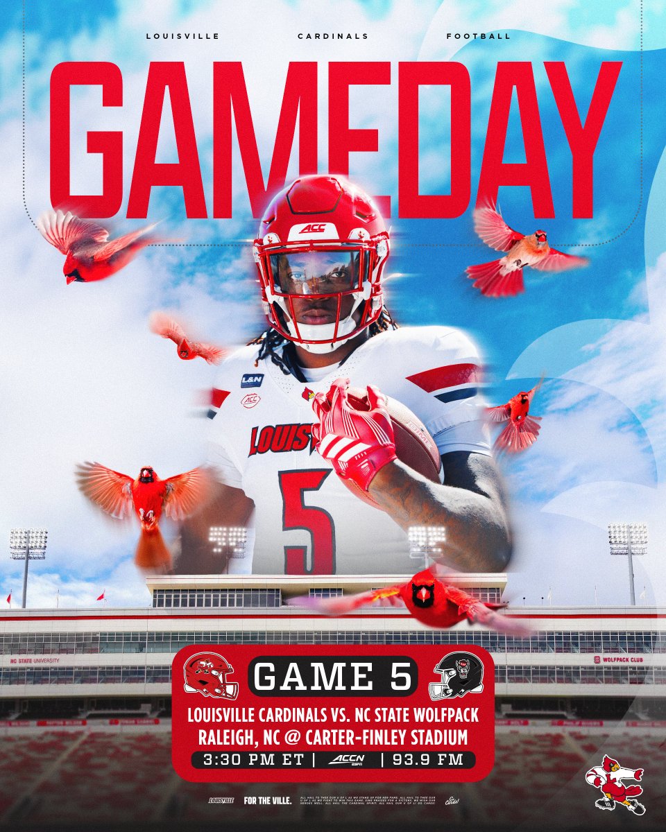 LouisvilleFB's tweet photo. A meeting with the Wolfpack. 

🆚 NC State
🕛 3:30pm
📺 ACC Network
💻 https://t.co/0svKFjyAjK
📻 https://t.co/Z7RA3WlpWJ

#GoCards https://t.co/c9Mz2fGG1H