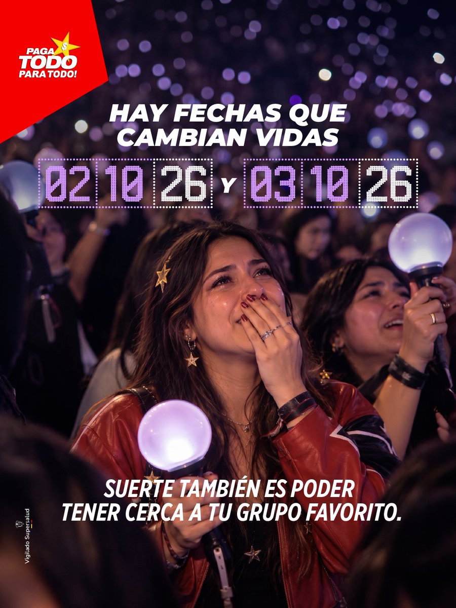 pagatodo's tweet photo. 🎶 La suerte también se vive en primera fila. Porque algunas fechas no se olvidan y algunos momentos se convierten en recuerdos para toda la vida. ✨ #BTS https://t.co/9RWNVbRlQ9