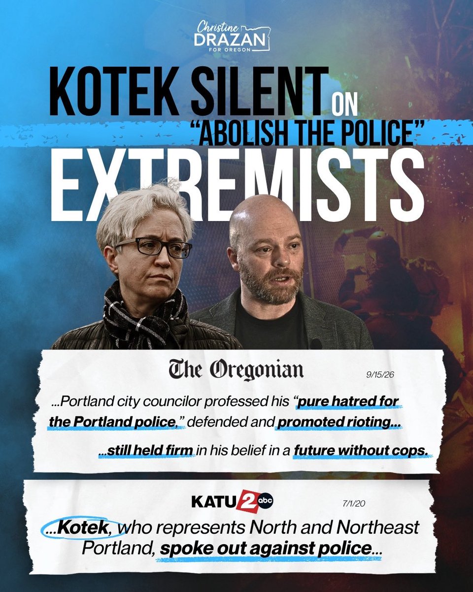 ChristineDrazan's tweet photo. It’s been over 24 hours since I called for Portland City Councilor Mitch Green’s resignation over his calls to abolish police and prisons. Tina Kotek still refuses to condemn him. Her silence is an endorsement of the police abolition movement.

When I’m governor, there will be no question where I stand: with law enforcement who deserve support to do their jobs, victims who deserve justice and Oregonians who deserve safe communities.
https://t.co/hrwzxdzIhE
