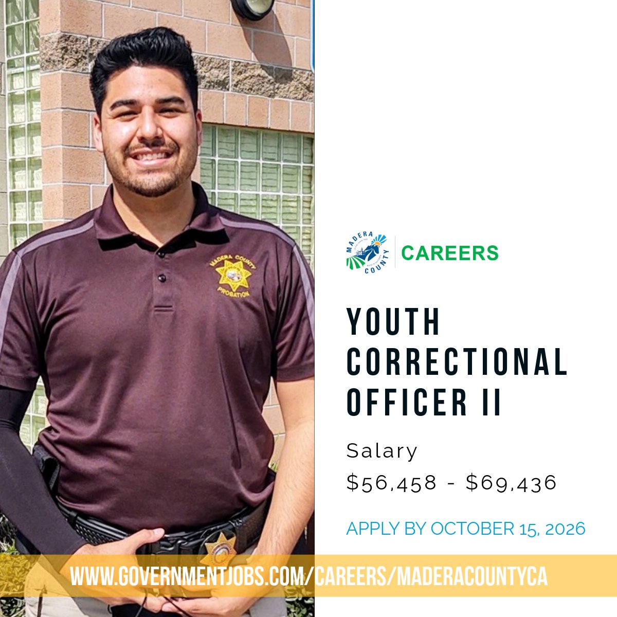 madcocareers's tweet photo. Madera County is accepting applications for Youth Correctional Officer II! Apply today at https://t.co/hve9nIKJmf. https://t.co/HpsC0nhJ5r