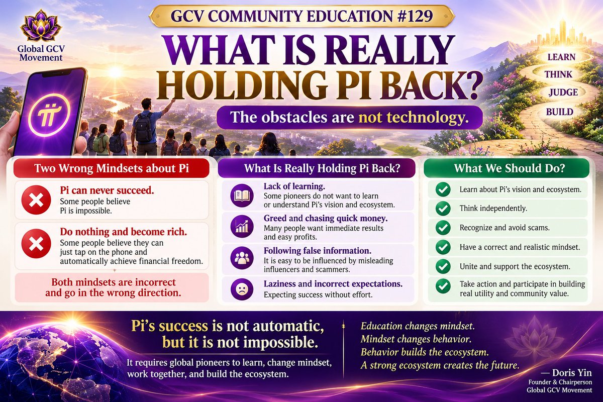 dorisyincpa's tweet photo. 🪷 GCV COMMUNITY EDUCATION #129

What Is Really Holding Pi Back?

Why has Pi taken so long to reach the results that many pioneers have been waiting for?

There are two extreme and incorrect ways of thinking about Pi.

Some people believe:

“Pi can never succeed.”

Others believe:

“I don't have to do anything. I just tap on my phone, wait, and I will automatically become financially free.”

Both mindsets are going in the wrong direction.

One of Pi's important characteristics is accessibility and inclusiveness. Ordinary people can participate through a mobile phone without needing expensive equipment or a large amount of capital.

So why do we still need so much education and community building?

The obstacles are not technology.

In many cases, what is holding Pi back is the pioneers' own mindset and behavior.

Some pioneers do not want to learn.

Some do not take the time to understand Pi's vision and ecosystem.

Some are too focused on immediate results.

And some are driven by greed and the desire to make quick money.

This creates an environment where scammers and irresponsible influencers can take advantage of people's desires.

They tell people:

“You can make money immediately.”
“You will become rich very soon.”
“You don't need to do anything. Just wait.”

When people become attracted to these promises, an unhealthy cycle can develop:

Satisfy people's desires → create unrealistic expectations → build trust → eventually exploit that trust.

This is exactly why education is so important.

Our purpose in GCV Education is not to ask pioneers to blindly believe anyone.

It is to help pioneers develop the ability to learn, think independently, recognize misinformation, and make responsible decisions.

And learning does not have to cost money.

You can learn.

You can understand Pi's vision.

You can study the ecosystem.

You can think independently.

And you can participate in building the ecosystem through your own actions.

If more pioneers can reduce greed and impatience, stop chasing overnight wealth, and instead focus on learning, unity, trust, and long-term ecosystem development, the community can become much stronger.

Pi's success is not something that happens automatically because we simply tap a button.

But neither should we assume that it is impossible.

A sustainable ecosystem requires technology, utility, applications, community participation, trust, and long-term commitment from pioneers around the world.

The technology may be accessible.

But changing people's mindset is much harder than asking someone to tap a button.

So sometimes, what slows down our progress is not Pi itself.

It is our own:

Lack of education.
Wrong expectations.
Greed.
Laziness.
Impatience.
And blind trust in misinformation.

🪷 Education changes mindset.
Mindset changes behavior.
Behavior builds the ecosystem.
A strong ecosystem creates the foundation for the future.

Do not wait for someone else to feed you the answers.

Learn for yourself.
Think for yourself.
Judge for yourself.
Build for yourself.

That is the responsibility of every pioneer.

— Doris Yin
Founder & Chairperson
Global GCV Movement