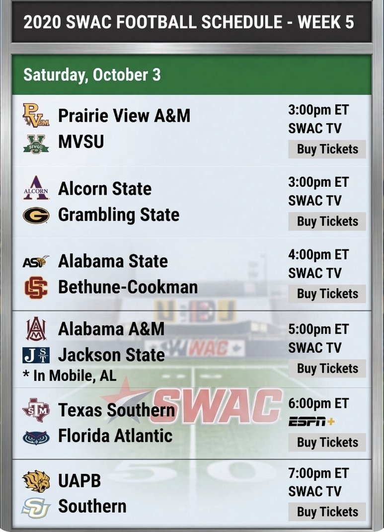 HBCUSports1's tweet photo. SWAC football schedule for Week 5 https://t.co/6ktH1Wrjqc