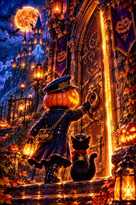 A whimsical Halloween illustration showing a pumpkin-headed character in a postal uniform knocking on a grand castle door, accompanied by a small black cat wearing a matching cap, with a full moon, jack-o'-lantern banners, and a gothic castle in the background.