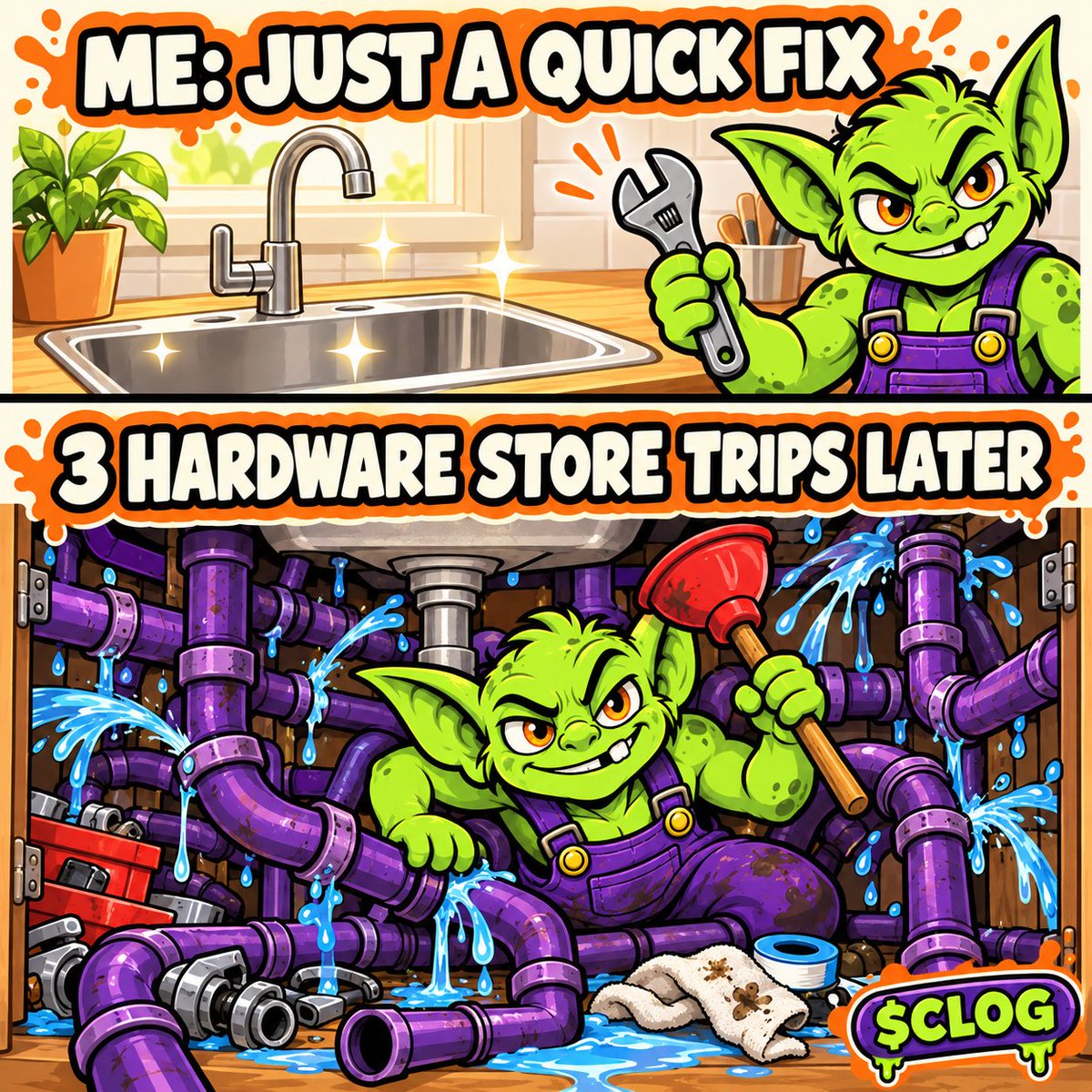 ClogGoblin's tweet photo. “Should only take 10 minutes.”

3 hardware store trips later, the goblin owns your kitchen 🪠😭

What’s your worst “quick fix” story?

$CLOG #ClogGoblin https://t.co/NpojeEE6j4