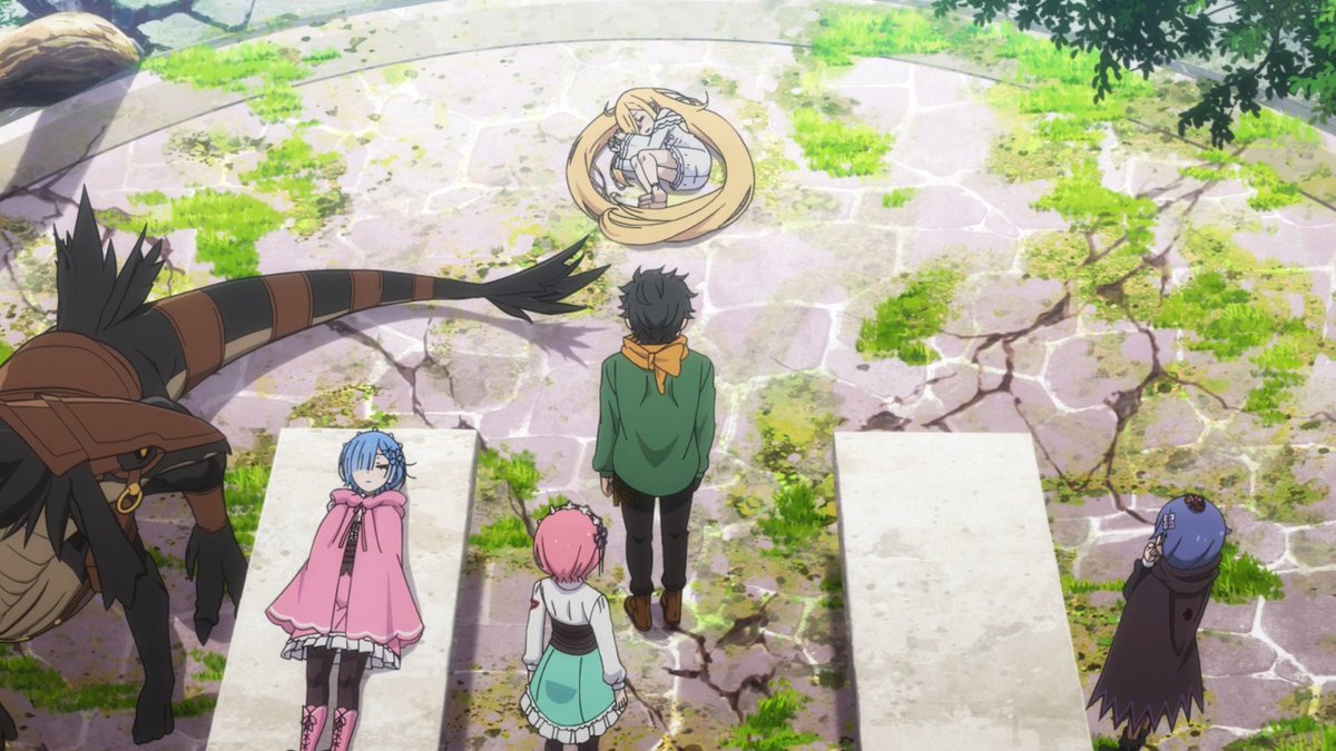 Screen_Takes's tweet photo. The anime gets some great mileage out of using Rui's hair for symbolism. It resembles the Ouroboros here, implying she ate herself. Back when she was trying to turn "Natsuki Subaru" into someone else, a *birth* of a new person, her hair makes her resemble a... well, you know https://t.co/6HRTOdExAm