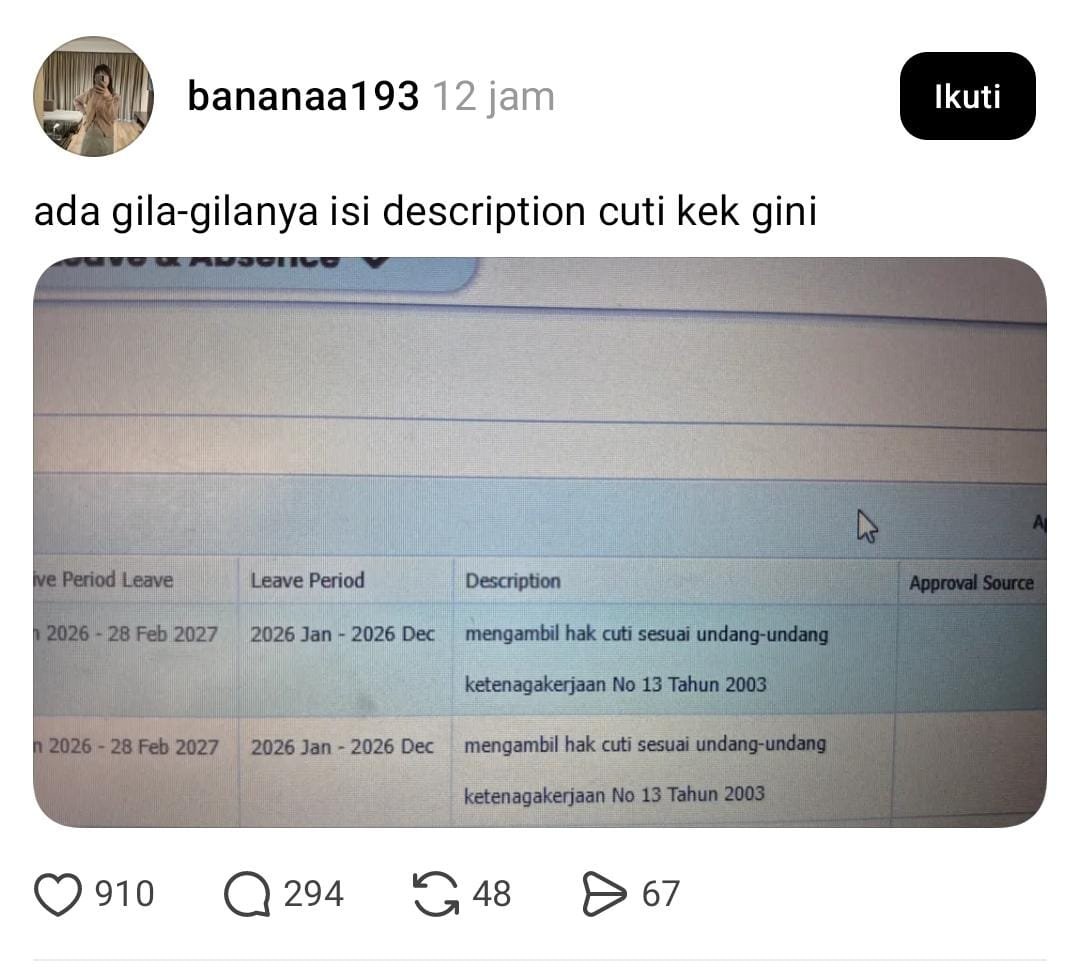 cenblubaik's tweet photo. Kenapa si ada ajaa HRD julid kayak gini? Bisa-bisanya bilang "ada gia-gilanya isi description cuti kek gini"??

Salahnya dimana emg klo descriptionnya "mengambil hak cuti sesuai undang-undang"? Kan emg bener?? 😞 https://t.co/7ehWhuZ3G3