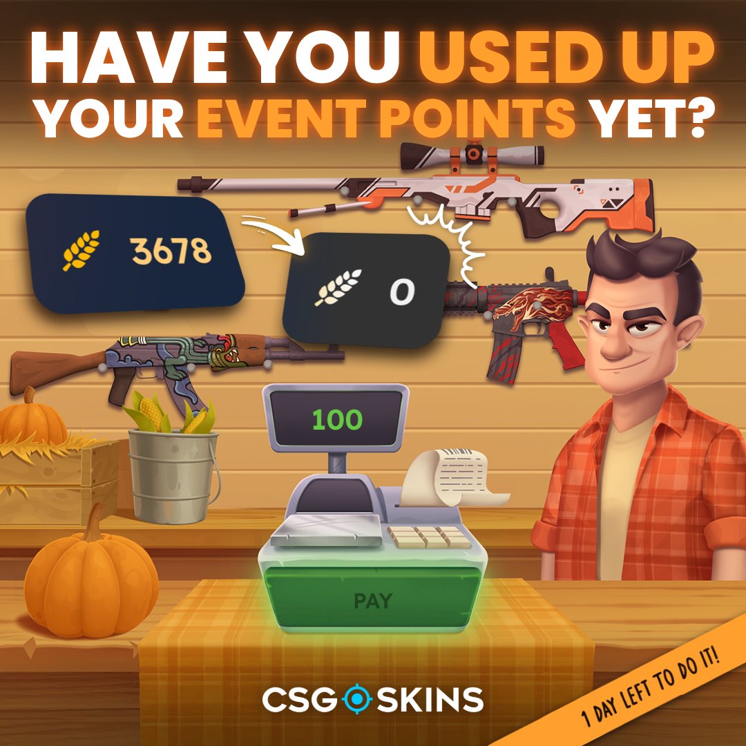 CSGOSKINS_COM's tweet photo. 🍂 Last day, last chance!
Harvest Run ends today – use up your event points and take those extra skins with you 📦🔥

Your turn to rate the event: did it deliver? 😎