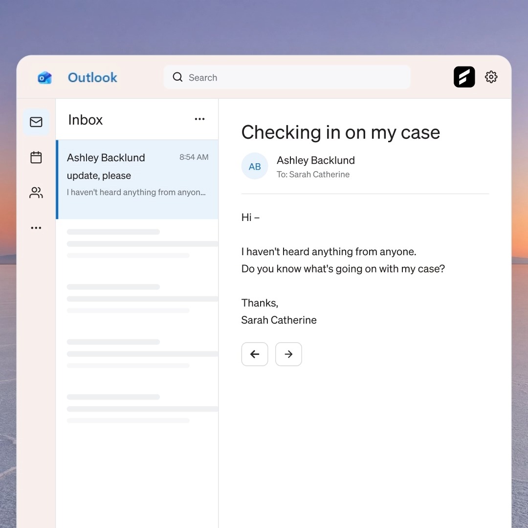 An Outlook email interface displays an inbox with a message from Ashley Backlund titled "Checking in on my case," where Sarah Catherine writes asking for an update.
