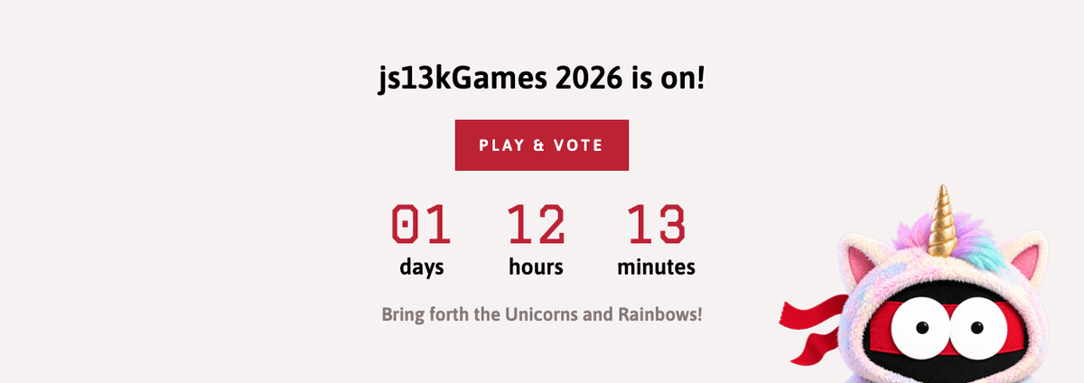 js13kGames's tweet photo. Voting for the best #js13k 2026 entries ends soon! Do you have any favourites or guesses who could win?

https://t.co/SAnvkjx795

#gamedev #gamedevjs #gamejam #compo #competition #countdown #voting #winners #JavaScript #HTML5 https://t.co/xar3lTZb4Q