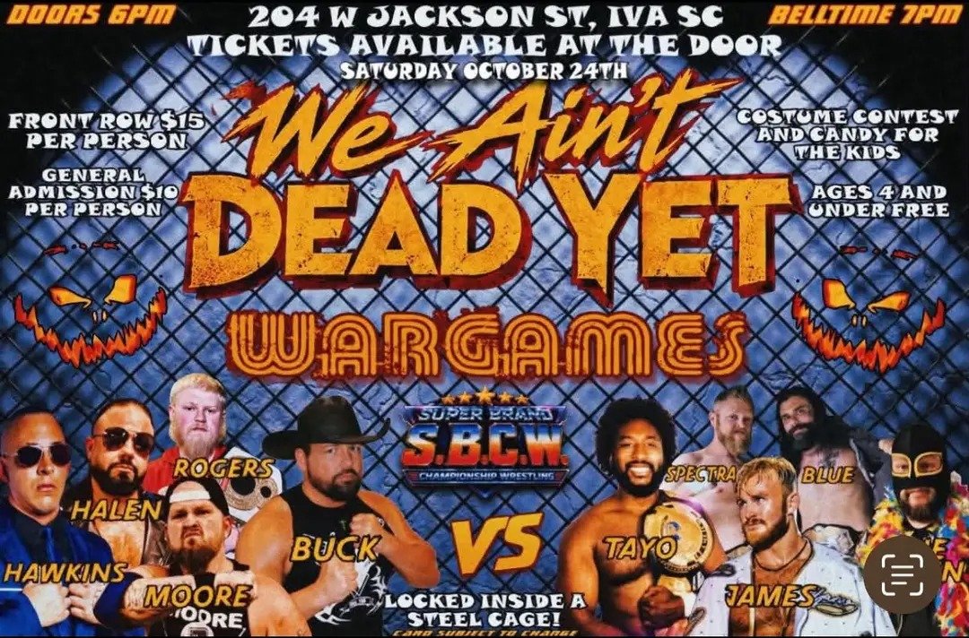D1TyroneKidd's tweet photo. Oct. 24th. Come to Iva, SC to see 10 men quite literally go to WAR! There will be SPOOKS and SCARES but not to fret, there will be a FRIENDLY Neighborhood Jamaican in the area.

Come watch Super Brand Championship Wrestling in Iva, SC!! https://t.co/NkJNwrwI8V