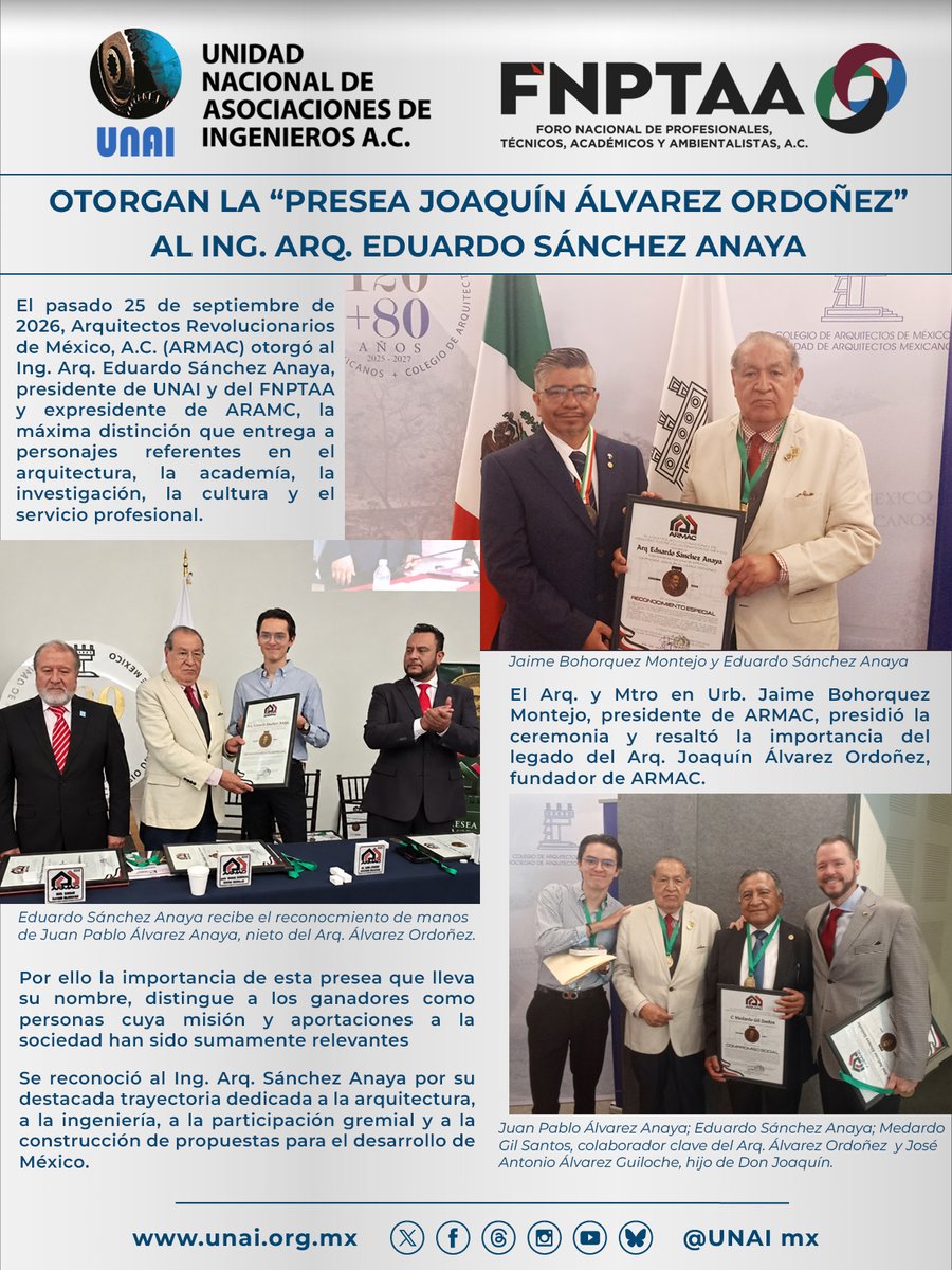 EduSanchezAnaya's tweet photo. Agradezco a ARMAC y a su presidente @Arq_Bohorquez por honrarme con la Presea Joaquín Álvarez Ordóñez. Recibir este reconocimiento es especialmente significativo por llevar el nombre de mi amigo y uno de los grandes referentes de la arquitectura mexicana. https://t.co/9dS8ox59ax