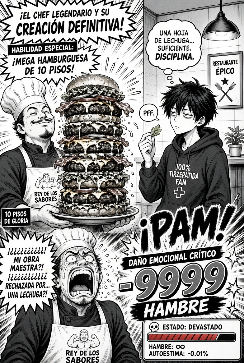 QujachoLibertar's tweet photo. La Tirzepatida es como aplicar un cheat de invencibilidad contra la glotonería. El jefe final era la hamburguesa de diez pisos y cayó de un solo golpe con una lechuga. ¡Game Over para la alta cocina! 🕹️🥬 #Tirzepatida #RPGMeme #tirze #semaglutida https://t.co/aMdvSeI4uH