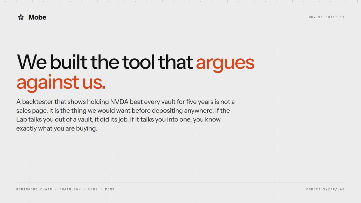 useMobeFi's tweet photo. We built the tool that argues against us.

A backtester that shows holding NVDA beat every vault for five years is not a sales page. It is the thing we would want before depositing anywhere.

If the Lab talks you out of a vault, it did its job. If it talks you into one, you know exactly what you are buying.

https://t.co/deUlchXZ60