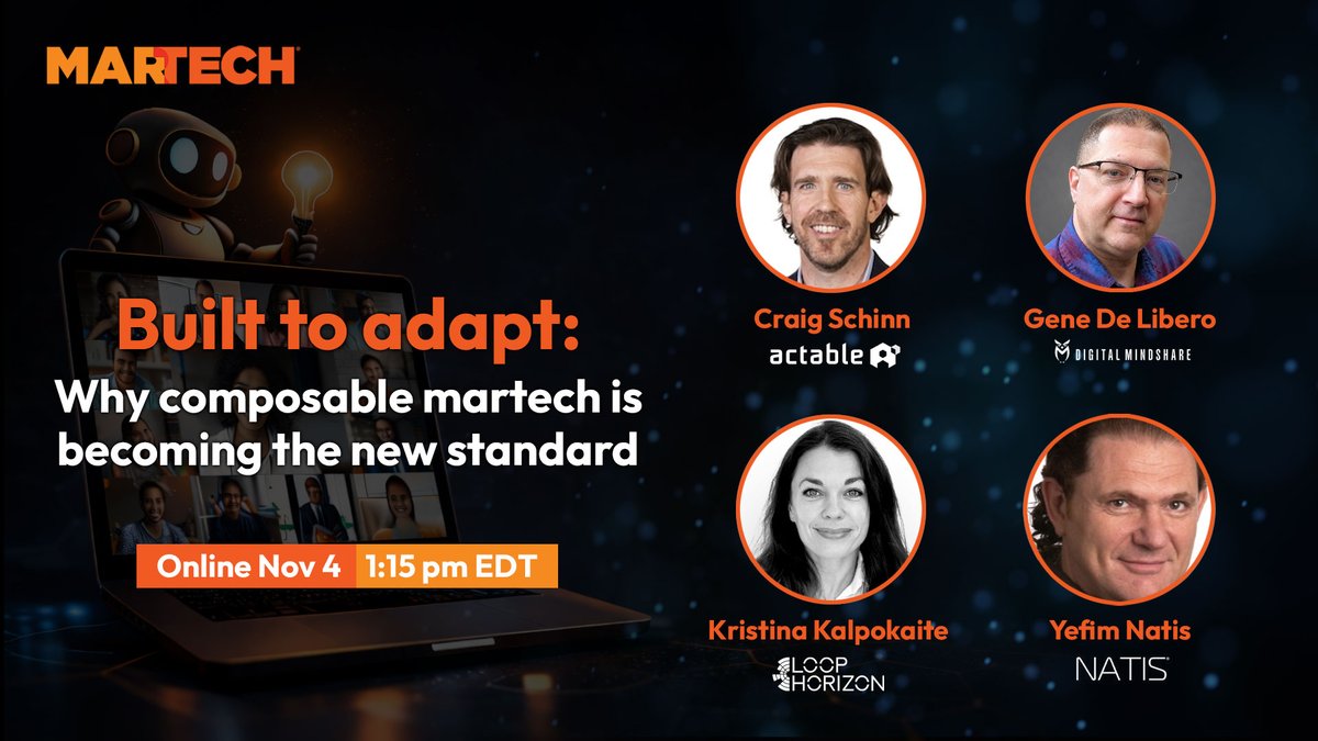 MarTechConf's tweet photo. Rigid tech stacks can’t keep up with AI. ⚡
Join Craig Schinn, @GeneDeLibero, Kristina Kalpokaite & @YNatis at #MarTech Nov. 4 to explore composable tech.
Register FREE: https://t.co/ERWEYvQGal https://t.co/JBGQ21yiBX