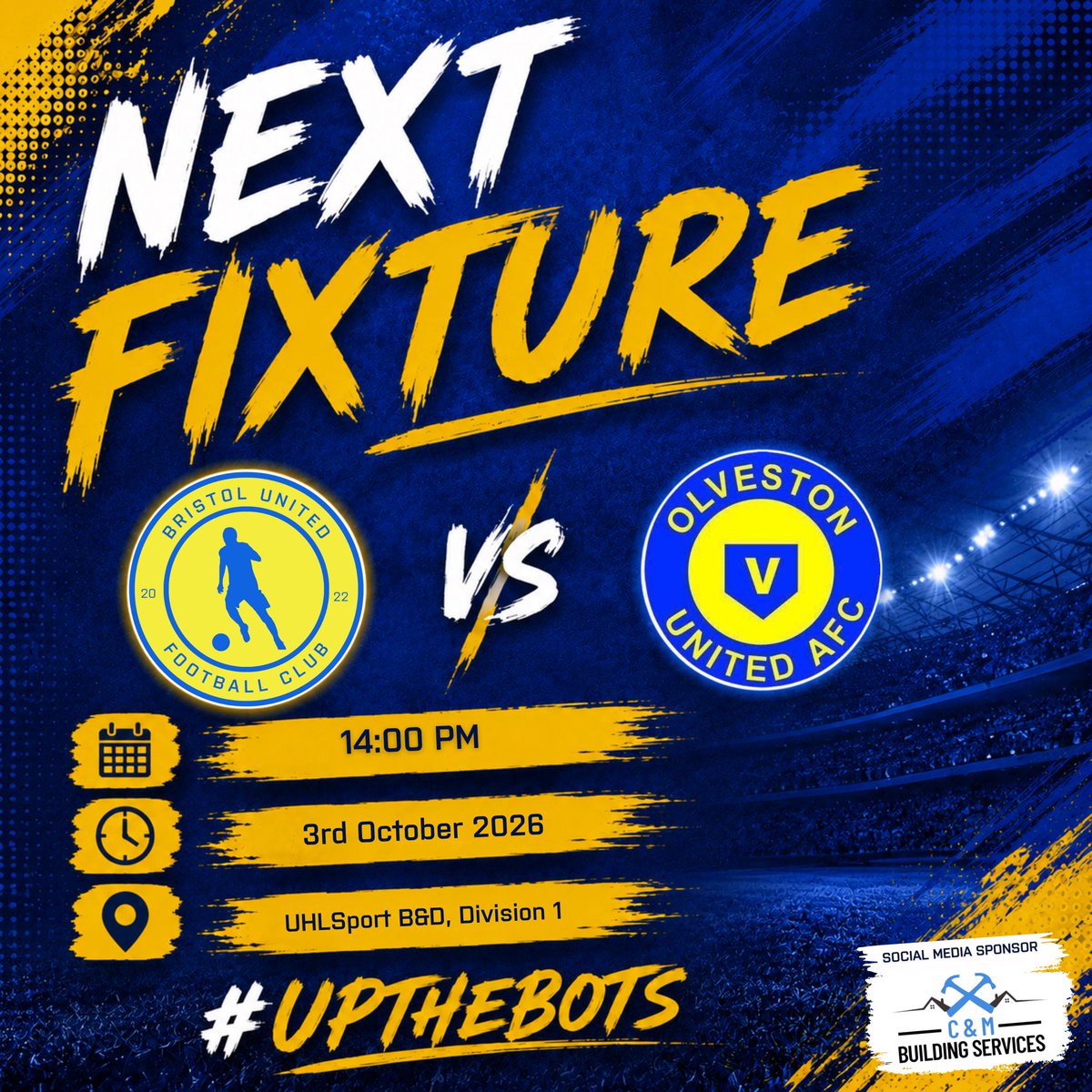 FCBristolUnited's tweet photo. 🔵🟡 MATCHDAY | DOUBLE LEAGUE ACTION!

The First Team host Olveston United Reserves looking to make it 3 league wins from 3. 🔥

🏠 Imperial Sports Ground
⏰ 2pm KO

The Reserves travel to Tormarton looking to bounce back in Division 3.

Two teams. One club. 💪

#UpTheBots 🔵🟡 https://t.co/LSZ3SX0hDq