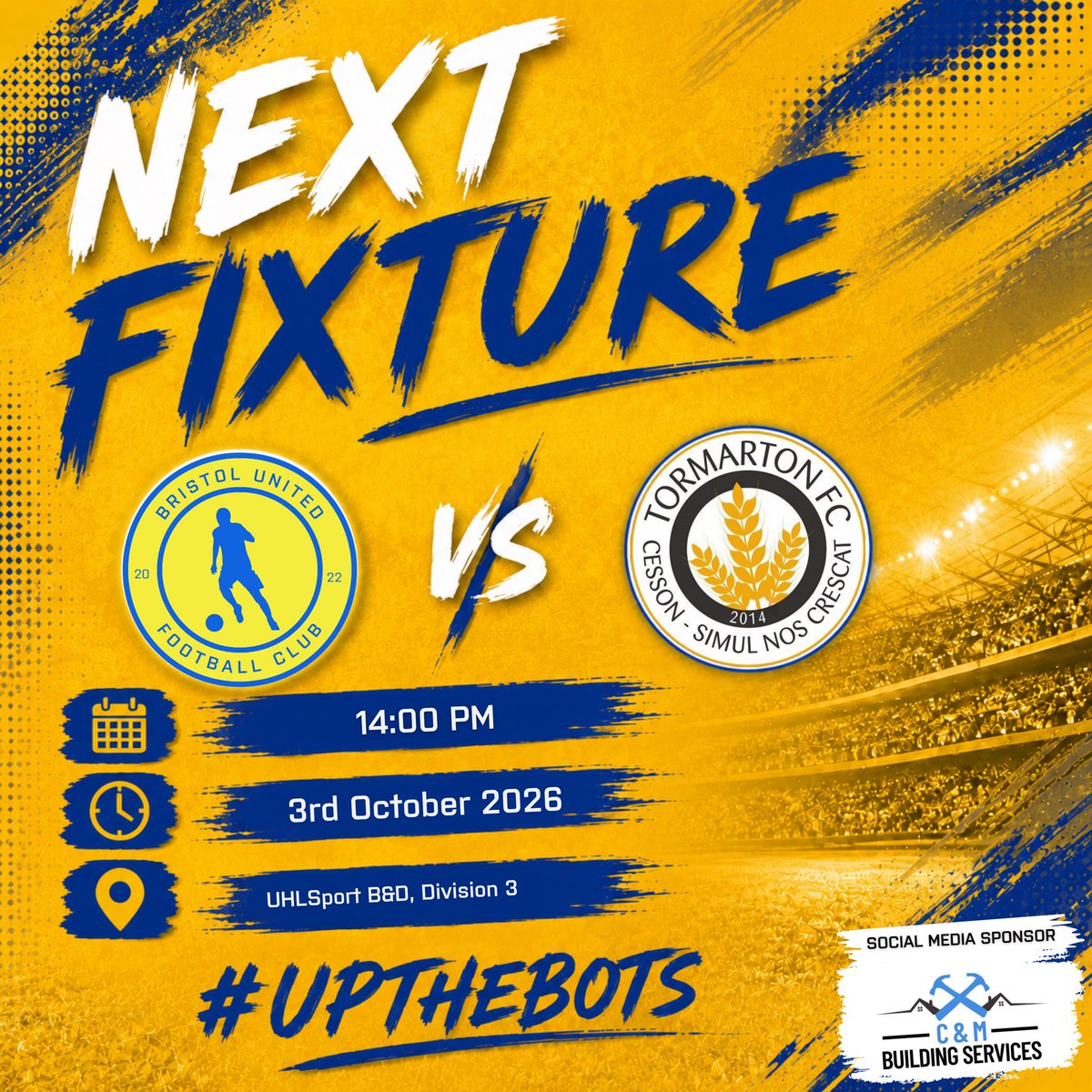 FCBristolUnited's tweet photo. 🔵🟡 MATCHDAY | DOUBLE LEAGUE ACTION!

The First Team host Olveston United Reserves looking to make it 3 league wins from 3. 🔥

🏠 Imperial Sports Ground
⏰ 2pm KO

The Reserves travel to Tormarton looking to bounce back in Division 3.

Two teams. One club. 💪

#UpTheBots 🔵🟡 https://t.co/LSZ3SX0hDq