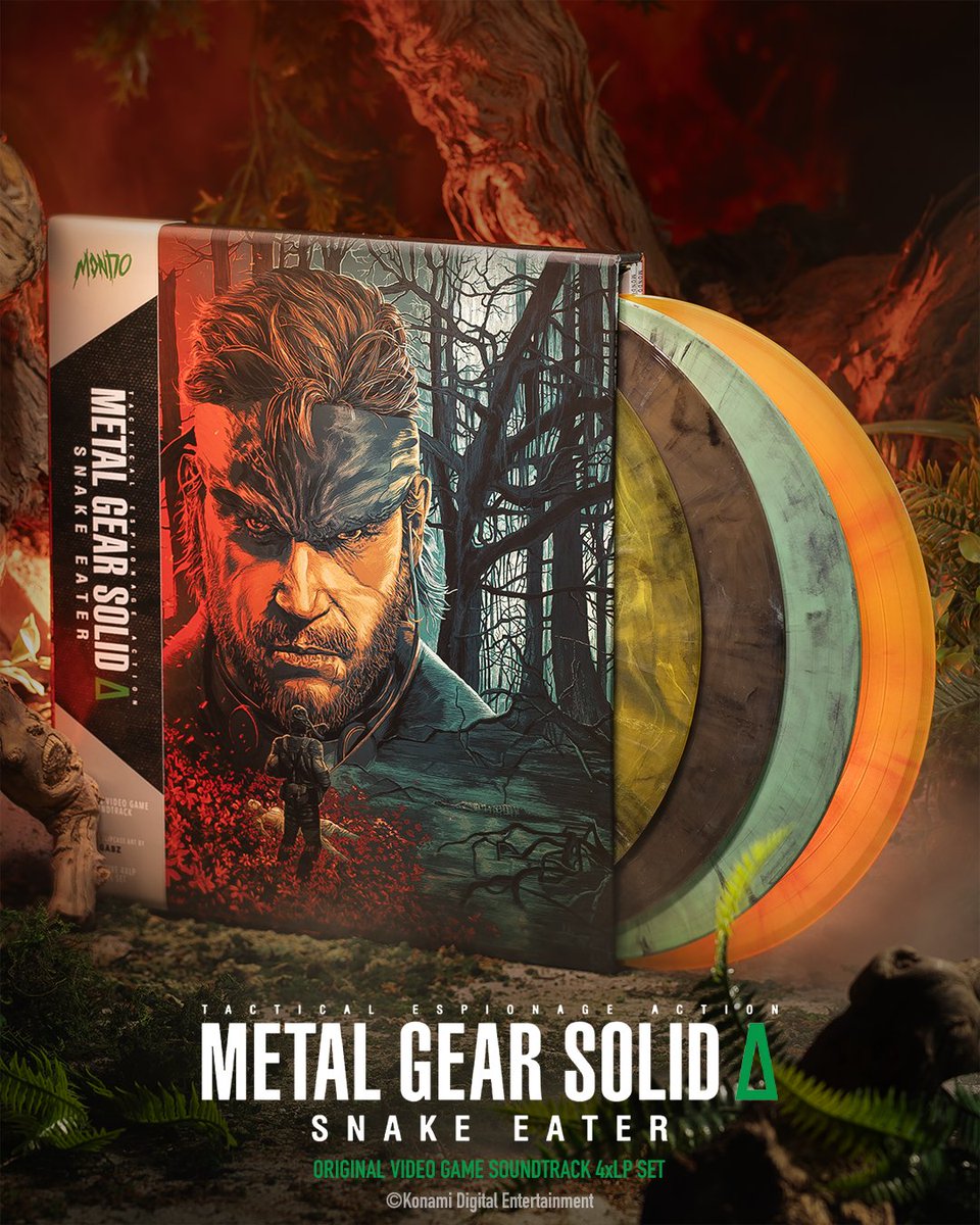 Metalgear's tweet photo. Your mission begins now.

Return to the jungle with the METAL GEAR SOLID Δ: SNAKE EATER - Original Video Game Soundtrack 4XLP, an expanded vinyl release celebrating the music behind Snake’s legendary mission created by our partners at MONDO.

Pressed on 140 gram vinyl and housed in a slipcase featuring original artwork by Grzegorz Domaradzki (GABZ), this 4XLP set was mastered for vinyl by Darren Page, with creative direction by Cameron Dean.

Available now, and ready to ship, at https://t.co/a98CspJ2Wh