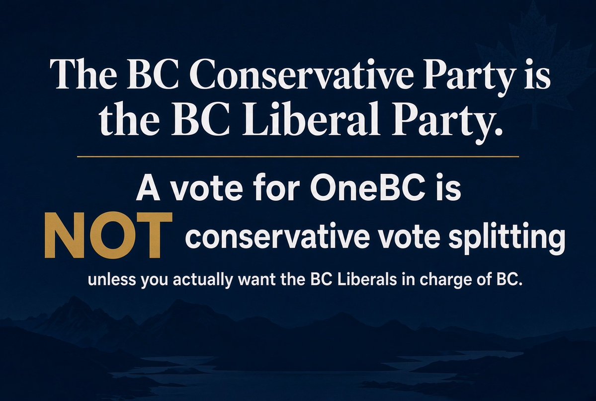 therealmrbench's tweet photo. The only party in the Oct 24th Provincial Election with conservative values is OneBC.

For those who say this is vote splitting.... either are stickly voting on party name, wanting the BC Liberals elected, or are nervous about a grassroots party. https://t.co/q7WRoBtbtS