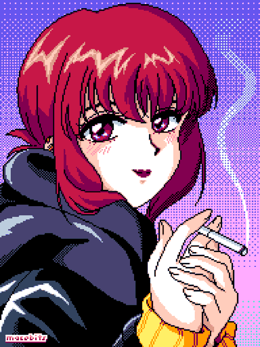 A pixel art portrait of an anime-style woman with short magenta hair holding a pen, set against a dotted purple background with the text 'madebits' at the bottom.