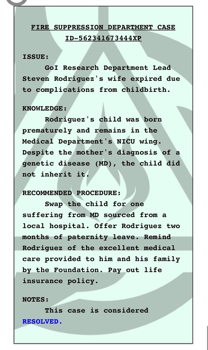 NegentropySCP's tweet photo. @rinnrin_kitty The Fire Suppression department’s job is to keep Foundation employees working for them as long as possible, often going through some insane drastic measures to do so.

One time they swapped a guy’s newborn with another baby that had a genetic disease so he’d work for them longer. https://t.co/xFXVSAvmAV
