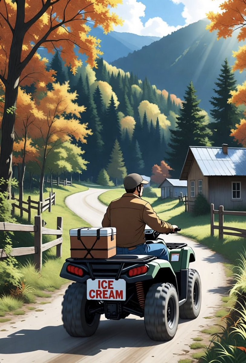 pineconepatch's tweet photo. Our ice cream man just drove by. It’s October! But still hot. 🥵 Our ice cream man doesn’t drive a truck. He drives an ATV with a cooler strapped to the back and has the old time ice cream truck music music playing. I ❤️ it so much. #AppalachianAesthetics https://t.co/36QhppQdE4