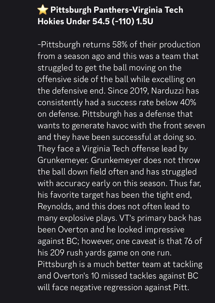 BetologySports's tweet photo. ```
๐ฏ BETOLOGY CFB PICKS PREVIEW - 10/2/26
Pittsburgh Panthers-Virginia Tech Hokies Under 54.5 (-110) 1.5U
All picks + breakdowns in Discord ๐
https://t.co/aKBofeQ93B
#CFB #SportsBetting #CFBPicks https://t.co/fWd4JbTjbP