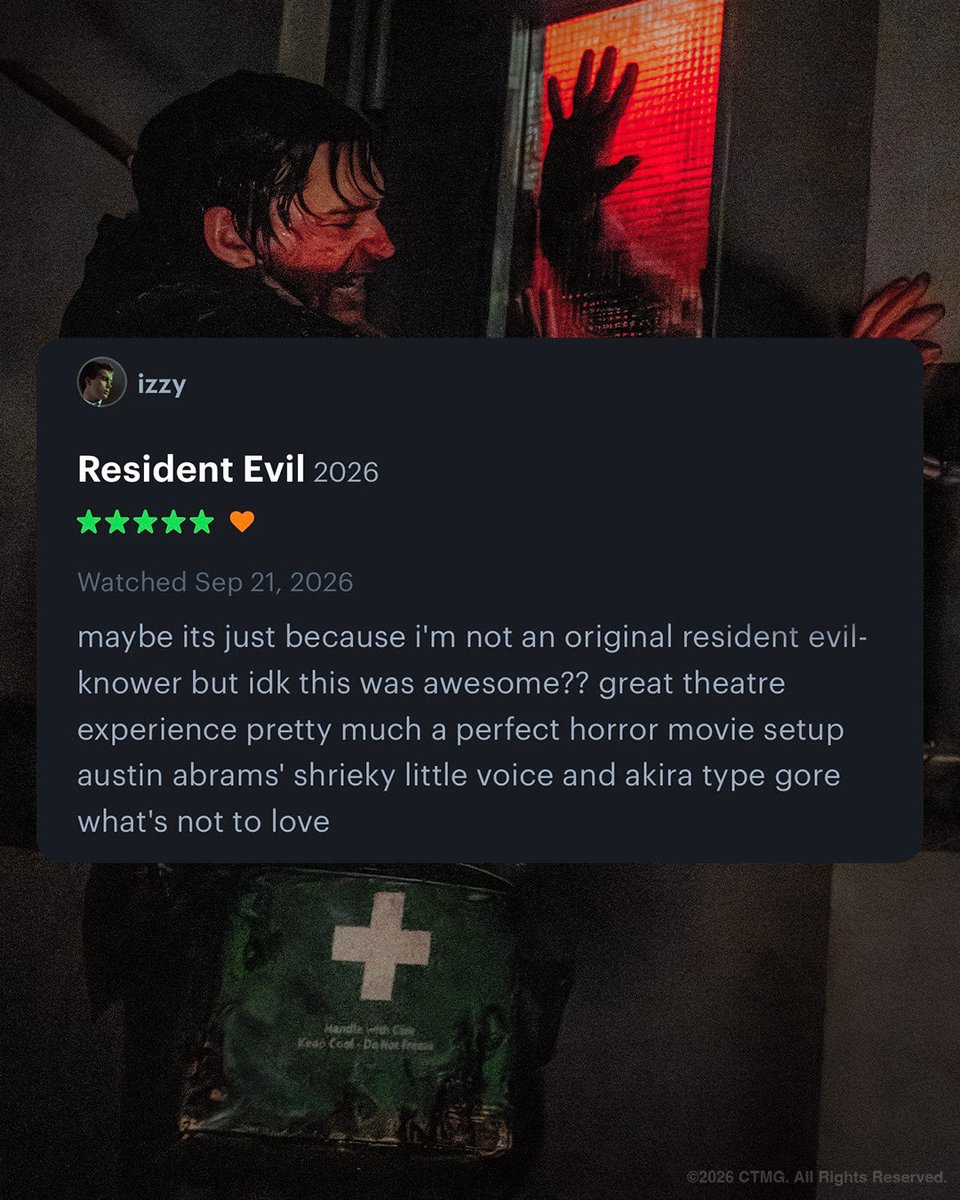 ResidentEvil's tweet photo. 𝙷𝚊𝚟𝚎 𝚊 𝙱𝙻𝙰𝚂𝚃.

From the mind of Zach Cregger, director of Weapons and Barbarian. Filmed for IMAX – Resident Evil is NOW PLAYING in theatres. Get tickets now. #ResidentEvilㅤ https://t.co/DYFqqWBqOg