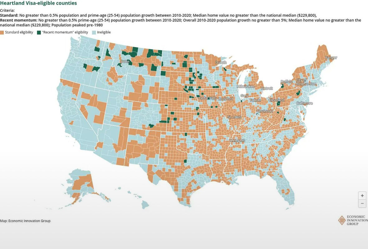 MarinasHammer's tweet photo. They’re trying to import infinity nons into all the orange areas (aka majority White counties). 

Boomer Republicans on city councils will accept this en masse. 

The Heartland Visa program must be stopped. https://t.co/ls6JEhGS75