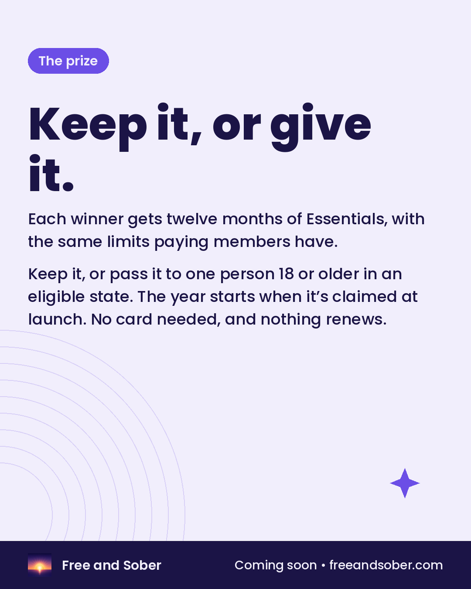 FreeAndSoberApp's tweet photo. 🎁 Founding 50: 50 people get Free and Sober Essentials free for a year. Enter on Instagram: https://t.co/GLJyQwLWqV or Facebook: https://t.co/p7ePbUjOaN. Closes Nov 15. Learn more at https://t.co/EVEAg5jf8K #SoberOctober #Giveaway https://t.co/FIAMoOrz6c